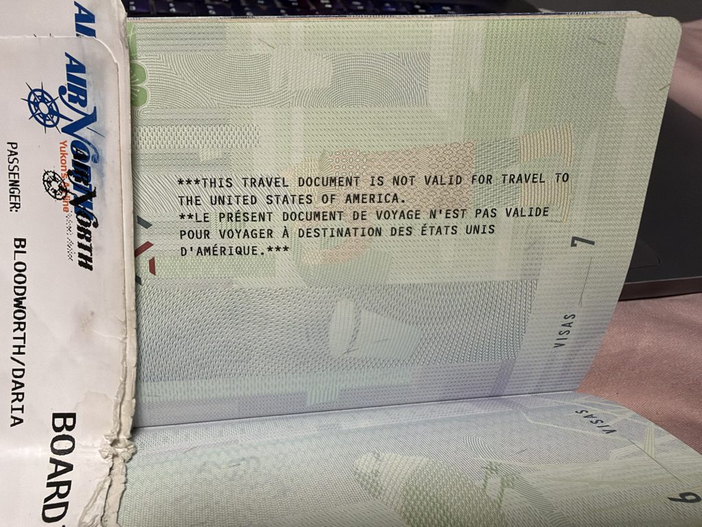 A visa page in my Certificate of Identity with the following information printed: "This travel document is not valid for travel to the United States of America".